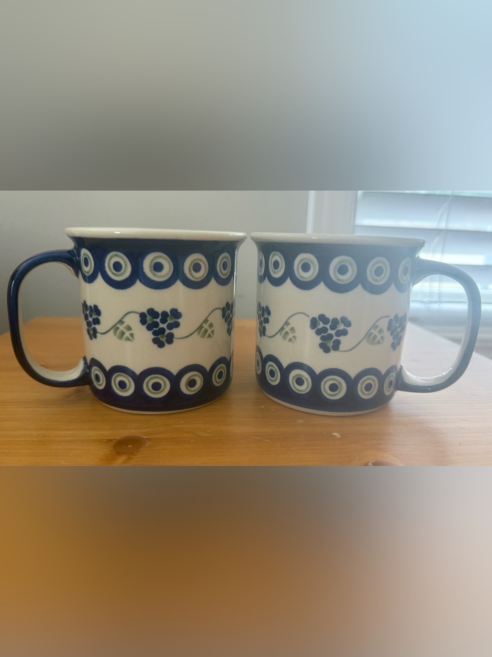 Blue and White Patterned Ceramic Mug - Classic Peacock and a Vine Design.